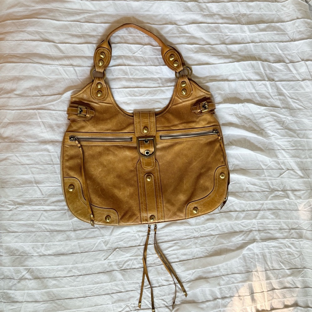 Vintage Rafe Tan Leather Shoulder Bag with Pockets and Brass Hardware Purse